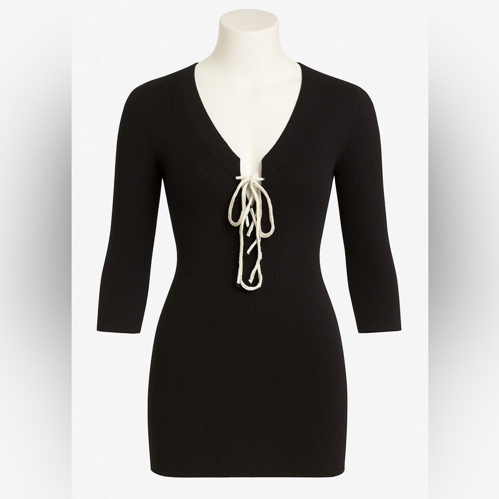 Louis Vuitton Black Ribbed Lace-Up Knit Top Size Small